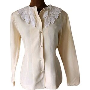 VTG Evan Davies‎ Button-Down Shirt Blouse Lace Collar Size 4 Shoulder Pads Silk